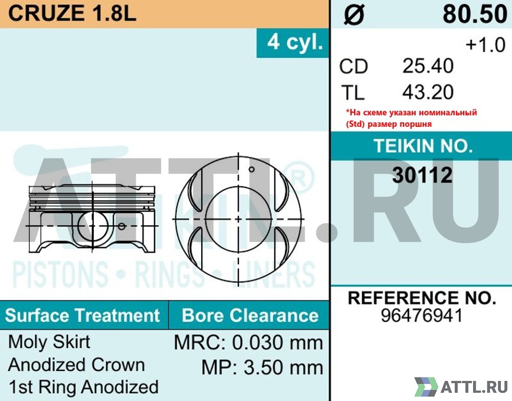 TEIKIN 30112 std Комплект поршней CRUZE 1.8L