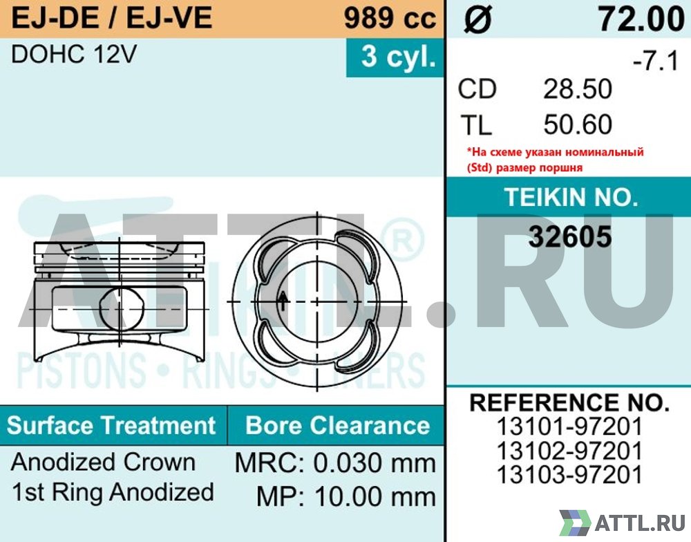 TEIKIN 32605 std Комплект поршней EJ-DE, EJ-VE