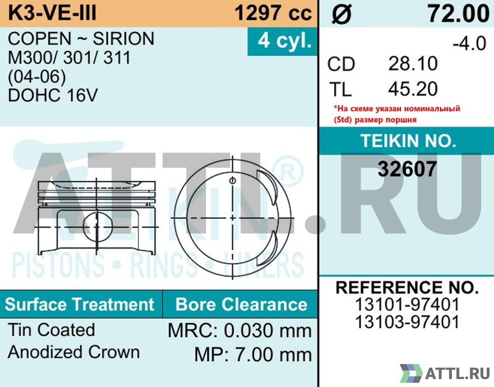 TEIKIN 32607 std Комплект поршней K3-VE-III d72 STD 1,2-1,2-2