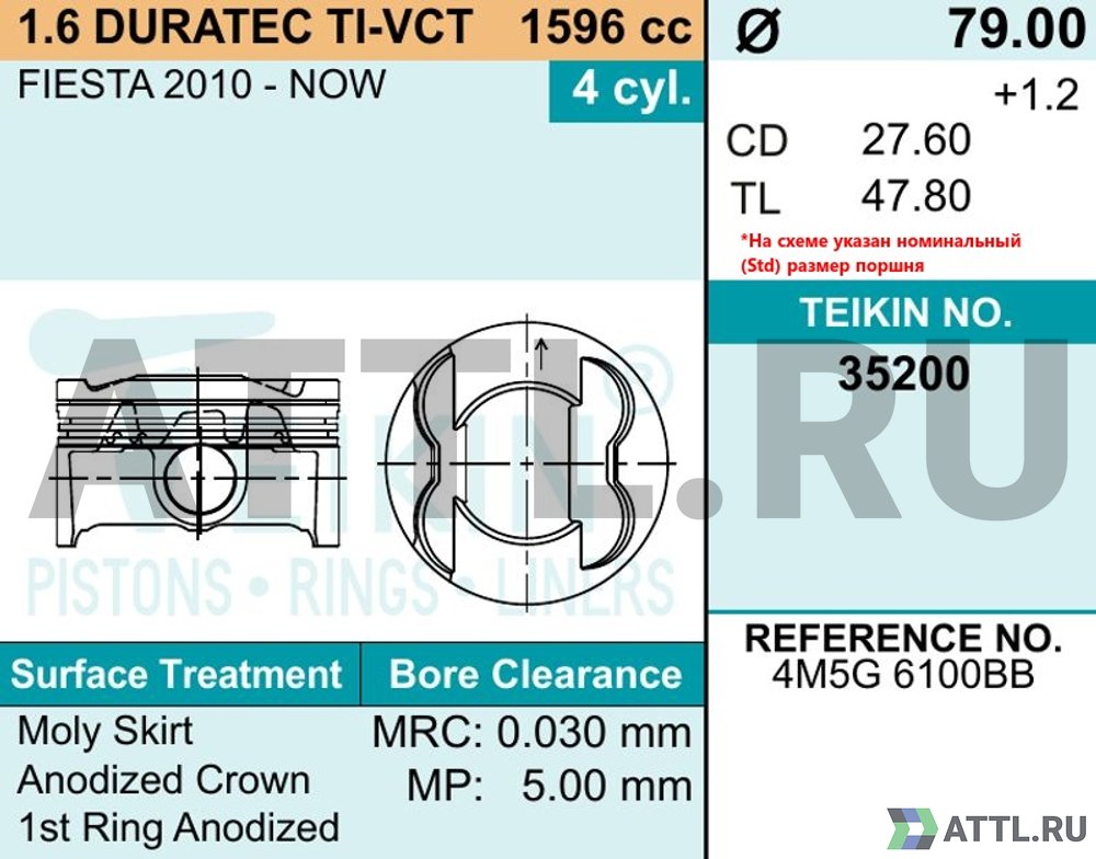 TEIKIN 35200 050 Комплект поршней 1.6 DURATEC TI-VCT