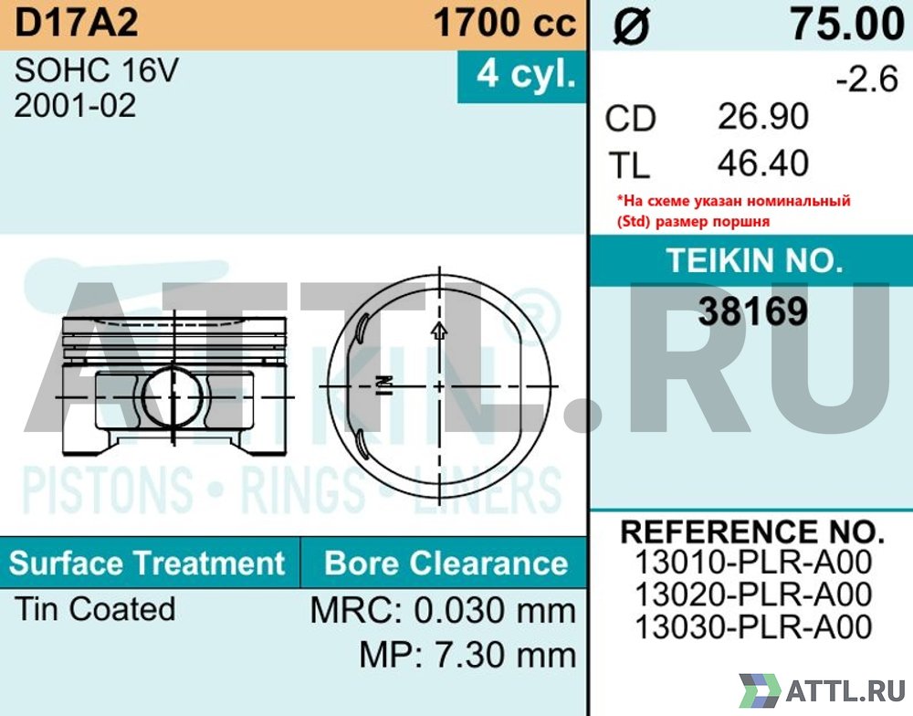 TEIKIN 38169 050 Комплект поршней D17A2