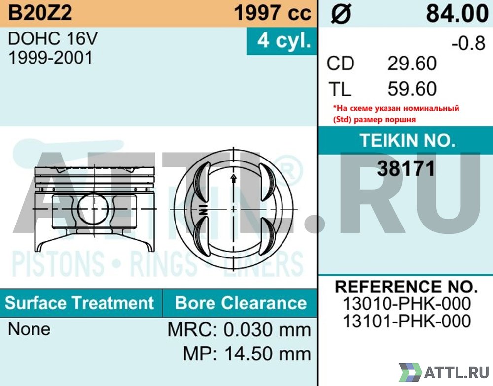 TEIKIN 38171 std Комплект поршней B20Z2