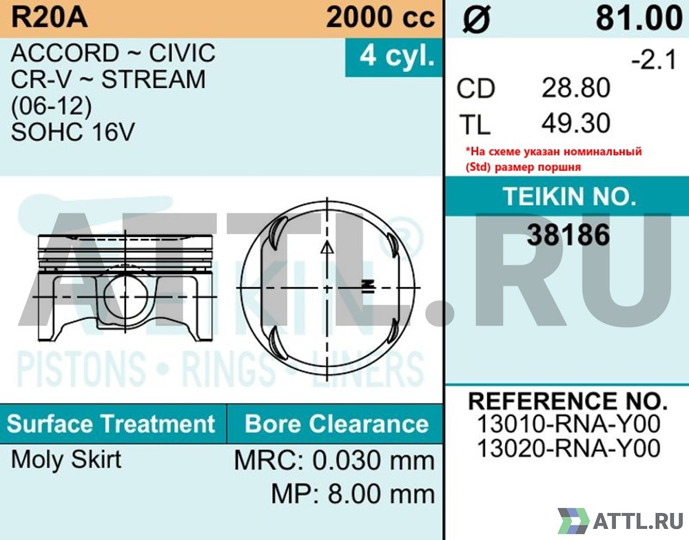 TEIKIN 38186 050 Комплект поршней R20A