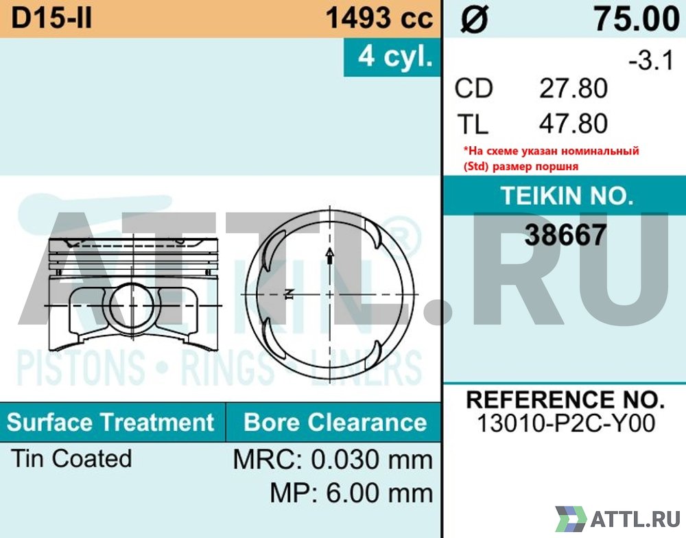 TEIKIN 38667 050 Комплект поршней D15-II