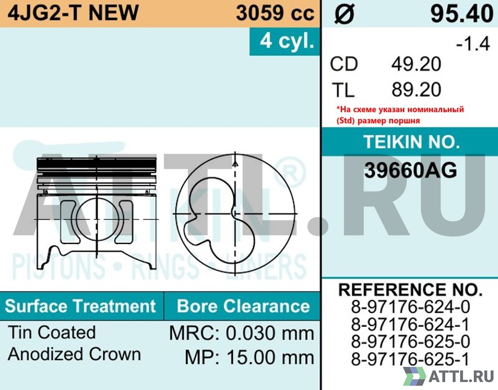 TEIKIN 39660AG std Комплект поршней 4JG2-T NEW