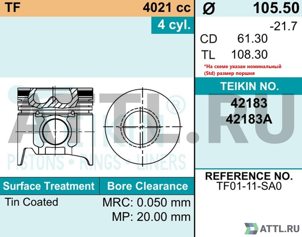 TEIKIN 42183A std Комплект поршней TF