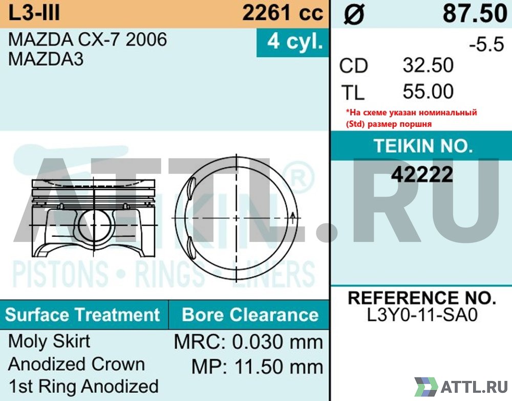 TEIKIN 42222 050 Комплект поршней L3-III