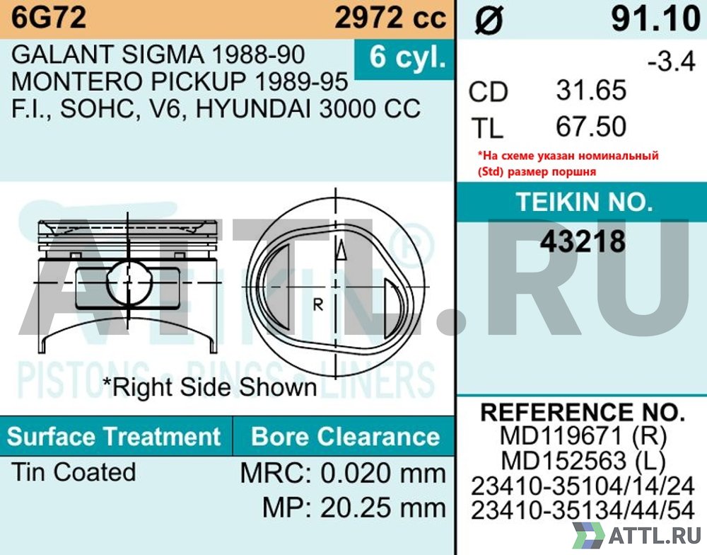 TEIKIN 43218 050 Комплект поршней 6G72 (R/L)