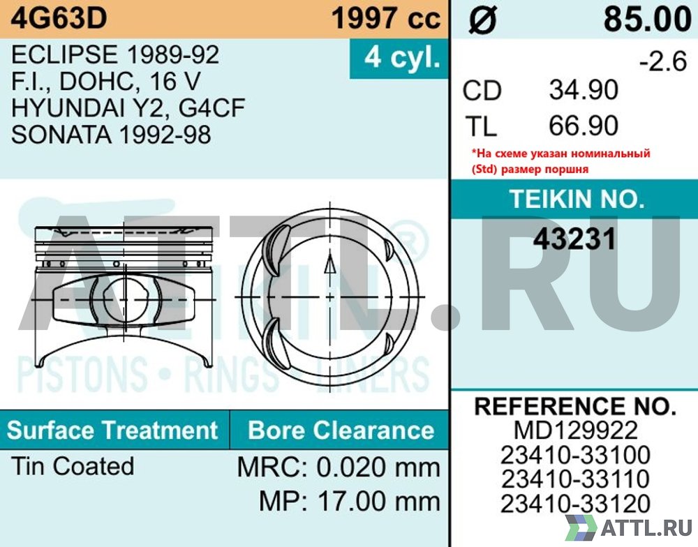 TEIKIN 43231 050 Комплект поршней 4G63D