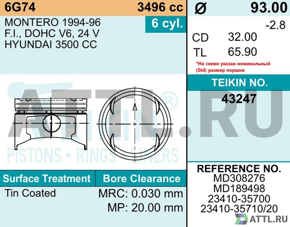 TEIKIN 43247 050 Комплект поршней 6G74