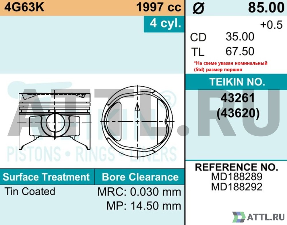 TEIKIN 43261 050 Комплект поршней 4G63K