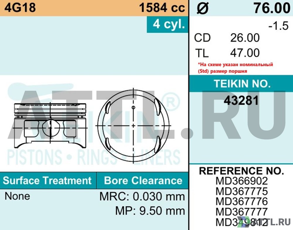 TEIKIN 43281 050 Комплект поршней 4G18