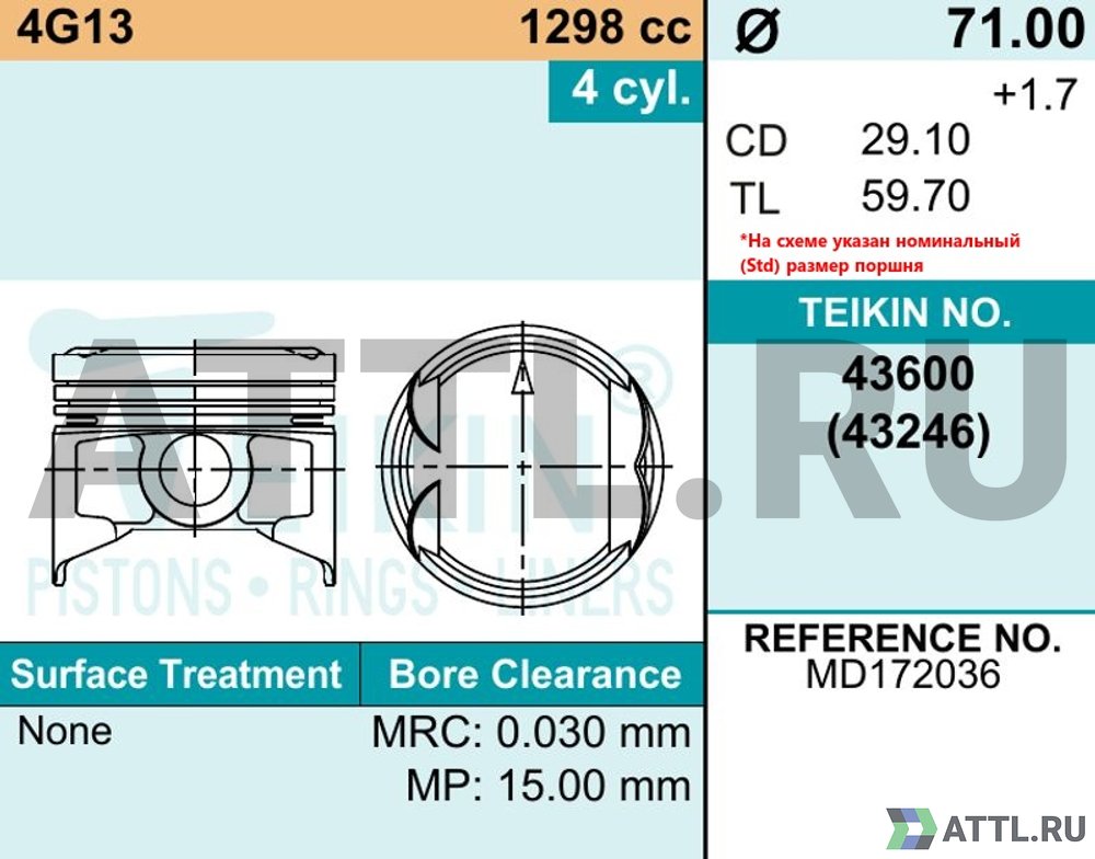 TEIKIN 43600 050 Комплект поршней 4G13