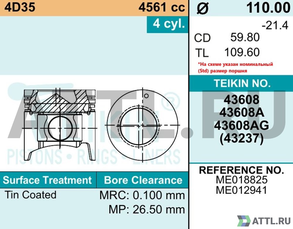 TEIKIN 43608A std Комплект поршней 4D35