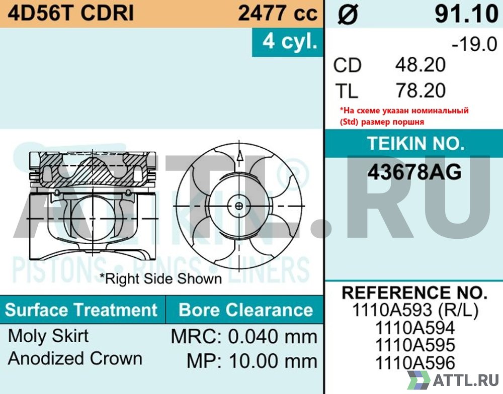 TEIKIN 43678 100 Комплект поршней 4D56T CRDI