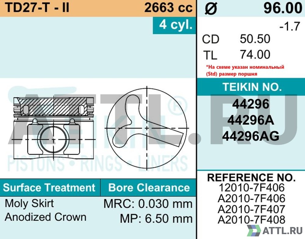 TEIKIN 44296 std Комплект поршней TD27-T-II