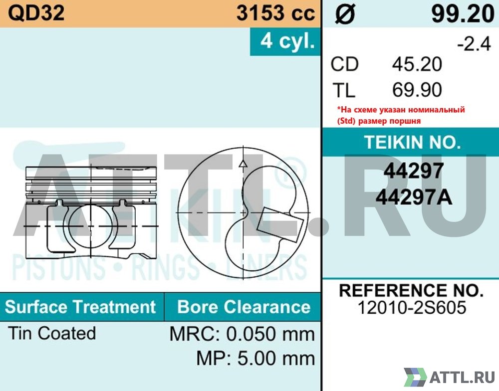 TEIKIN 44297A 050 Комплект поршней QD32