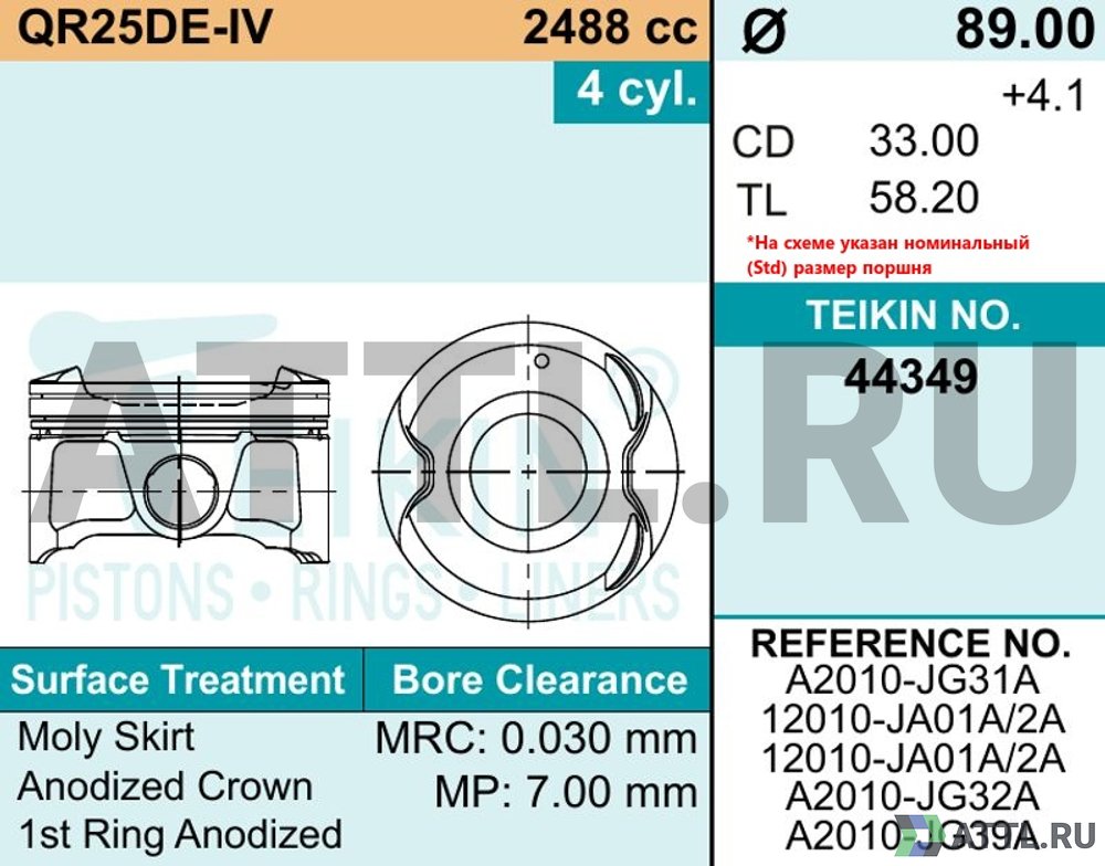 TEIKIN 44349 050 Комплект поршней QR25DE-IV