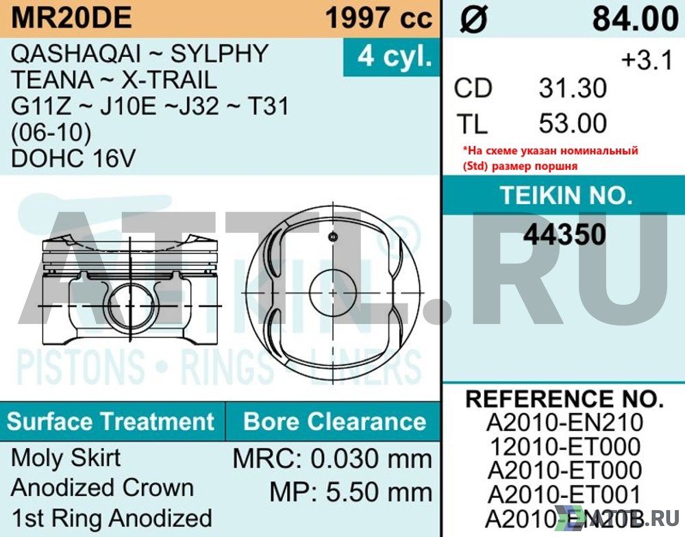 TEIKIN 44350 050 Комплект поршней MR20DE