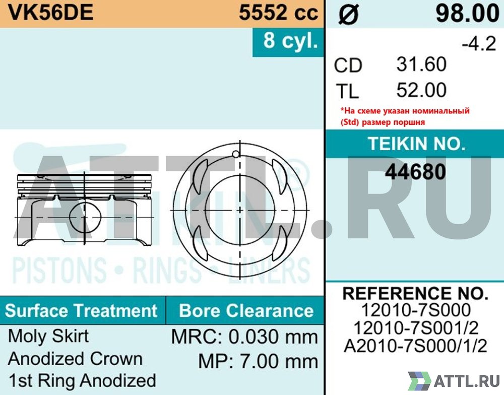 TEIKIN 44680 050 Комплект поршней VK56DE