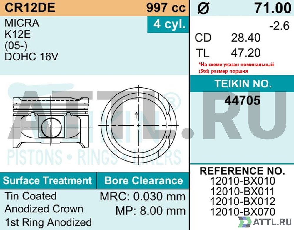 TEIKIN 44705 050 Комплект поршней CR12DE