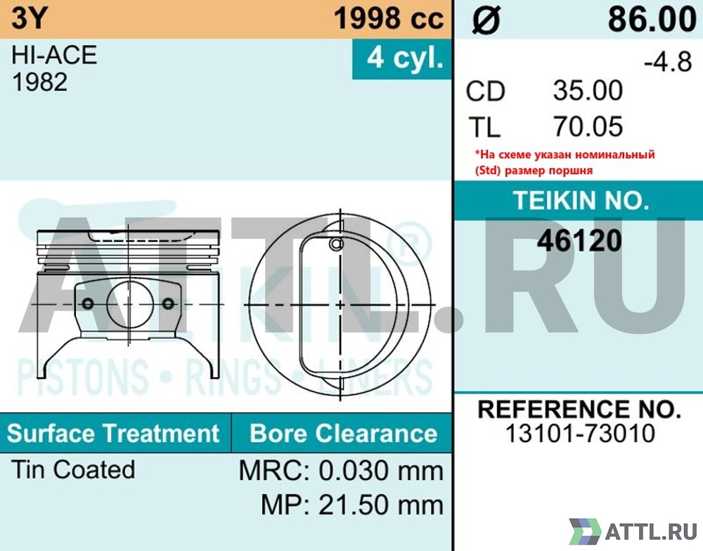 TEIKIN 46120 050 Комплект поршней 3Y