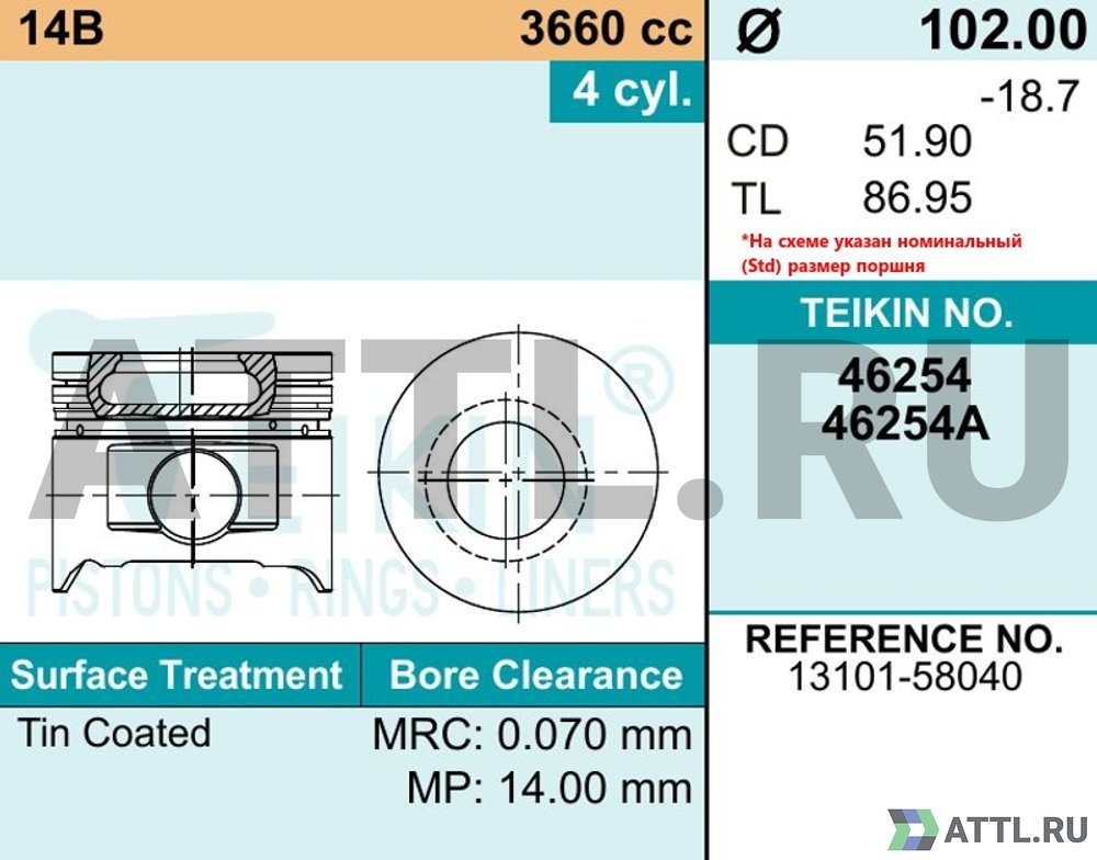 TEIKIN 46254 050 Комплект поршней 14B