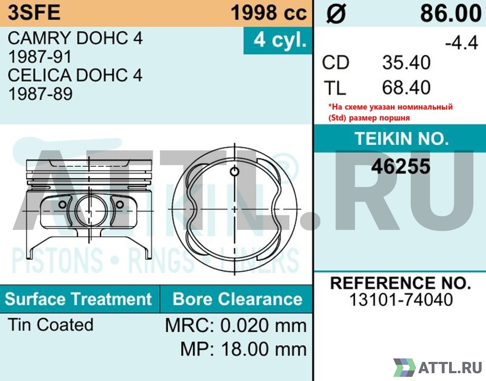 TEIKIN 46255 050 Комплект поршней 3S-FE