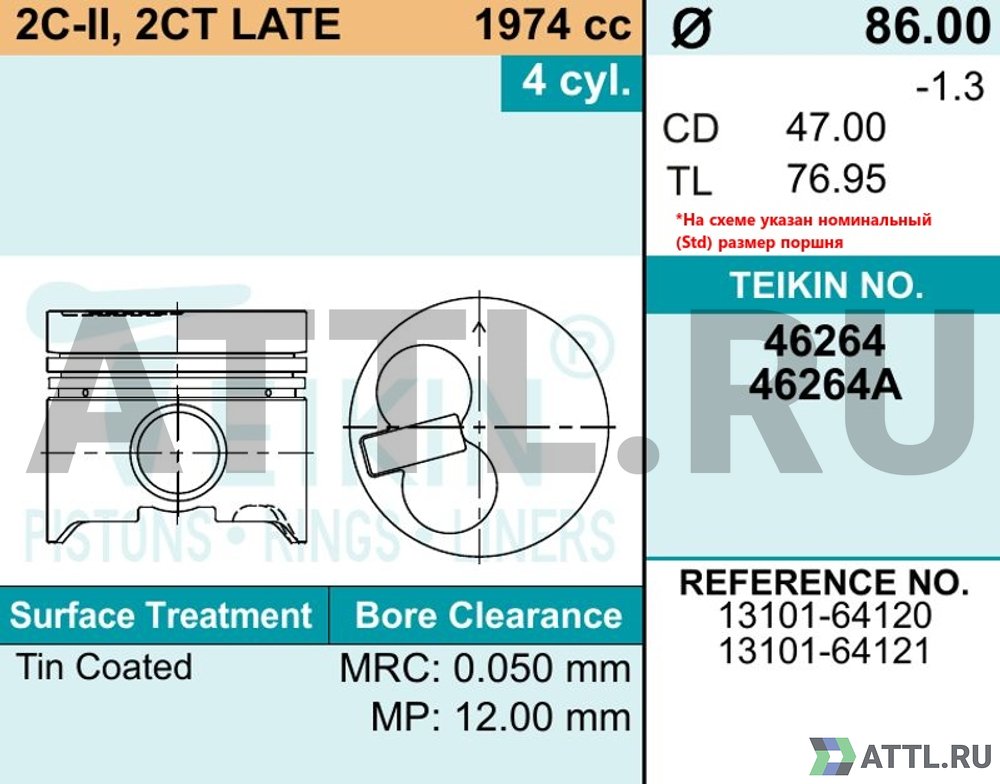 TEIKIN 46264 std Комплект поршней 2C-II, 2CT LATE