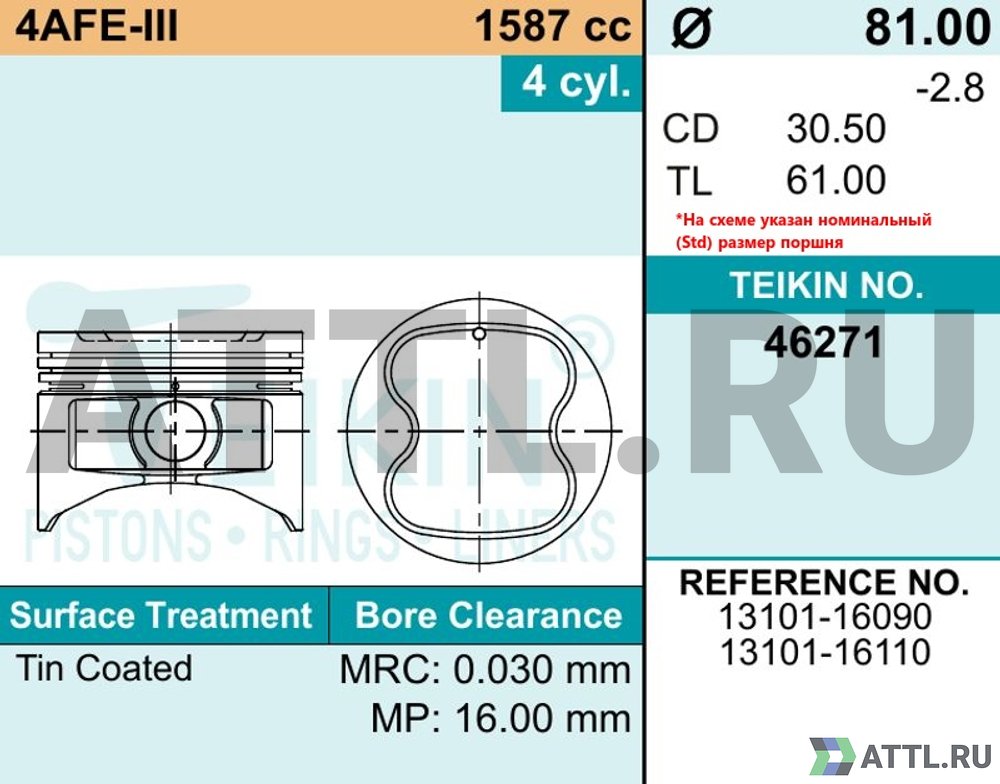 TEIKIN 46271 std Комплект поршней 4A-FE-III