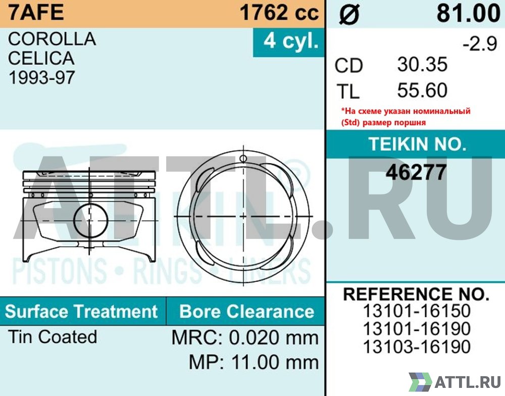 TEIKIN 46277 std Комплект поршней 7A-FE