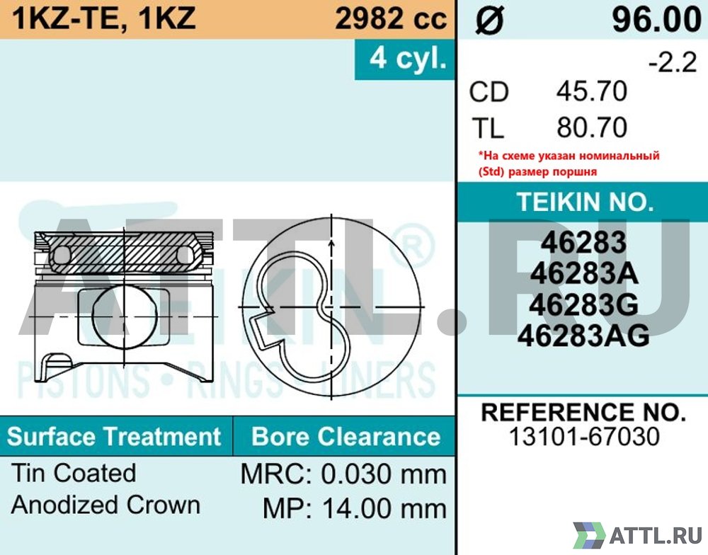 TEIKIN 46283AG std Комплект поршней 1KZ-TE, 1KZ усиленный+охлаждение d96 STD 2HK-2-3