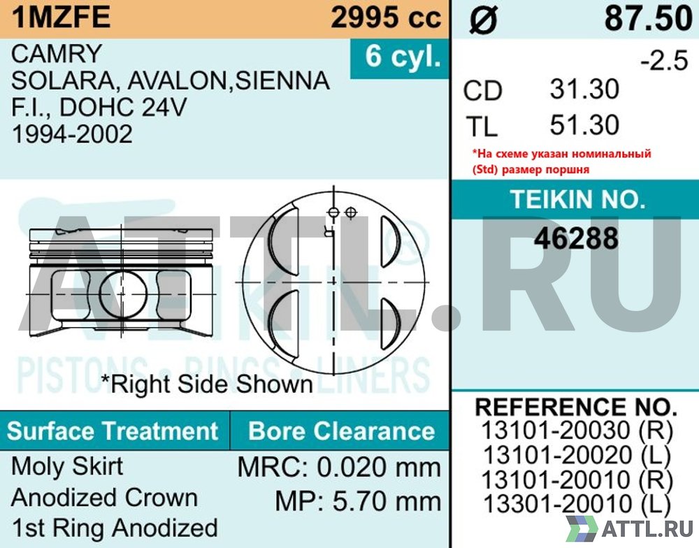 TEIKIN 46288 050 Комплект поршней 1MZ-FE