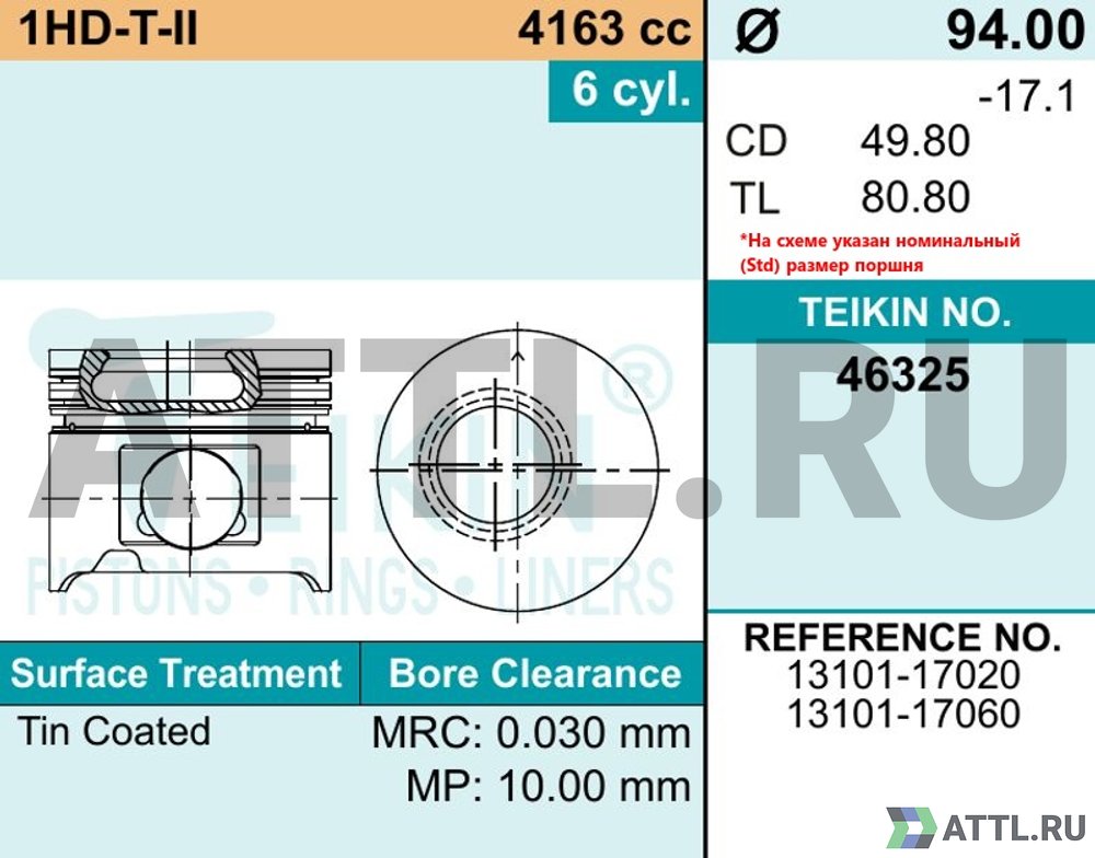 TEIKIN 46325A 050 Комплект поршней 1HD-T-II/1HZ