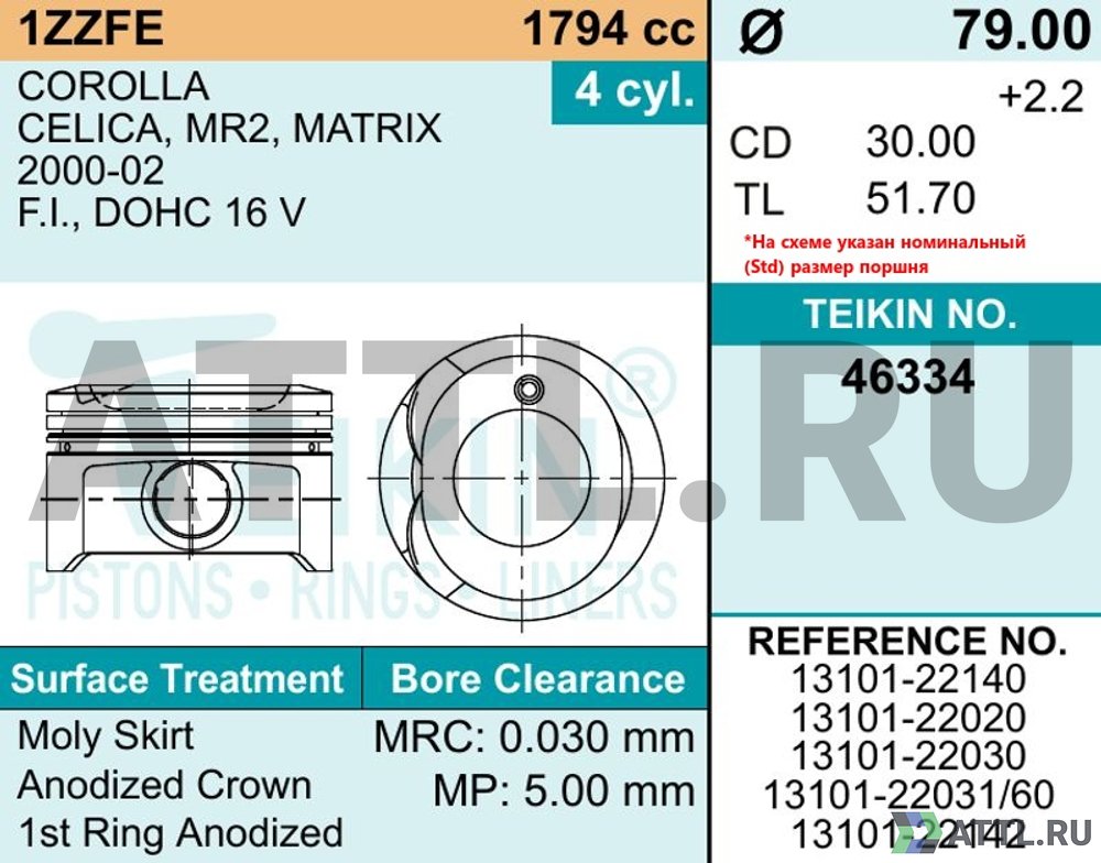 TEIKIN 46334 100 Комплект поршней 1ZZ-FE