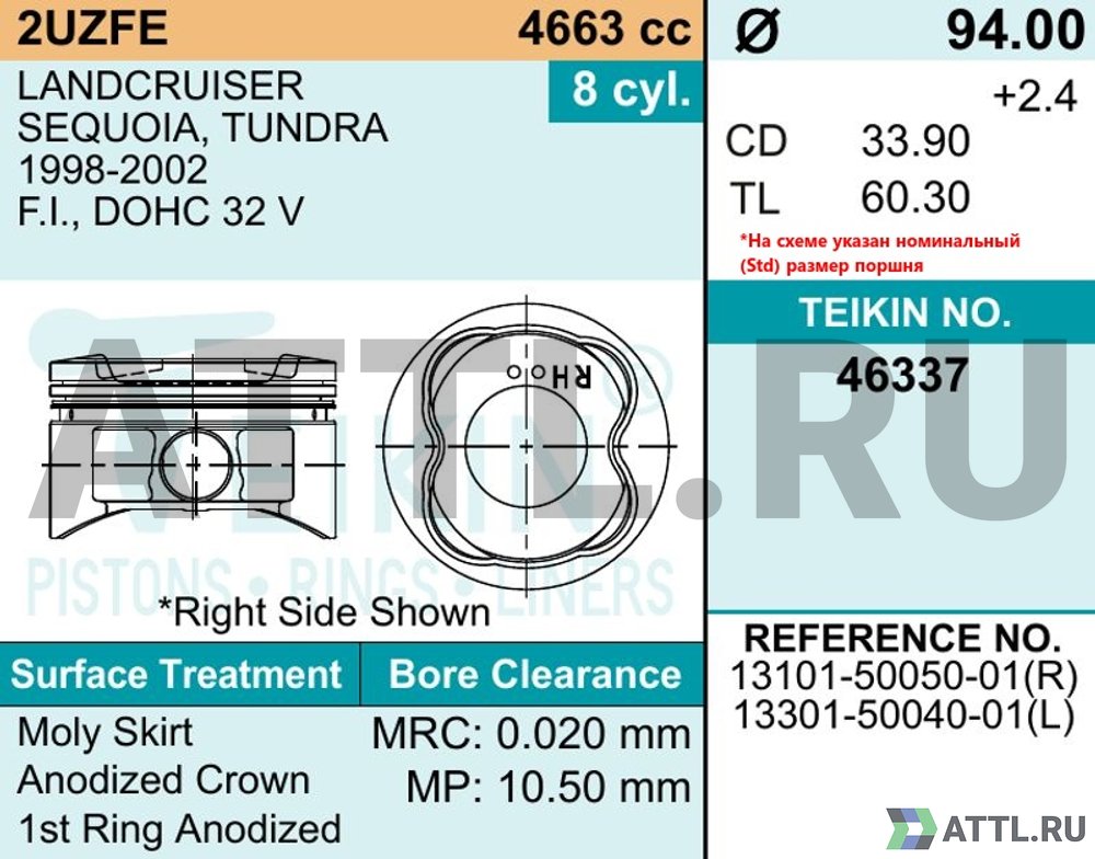 TEIKIN 46337 050 Комплект поршней 2UZ-FE