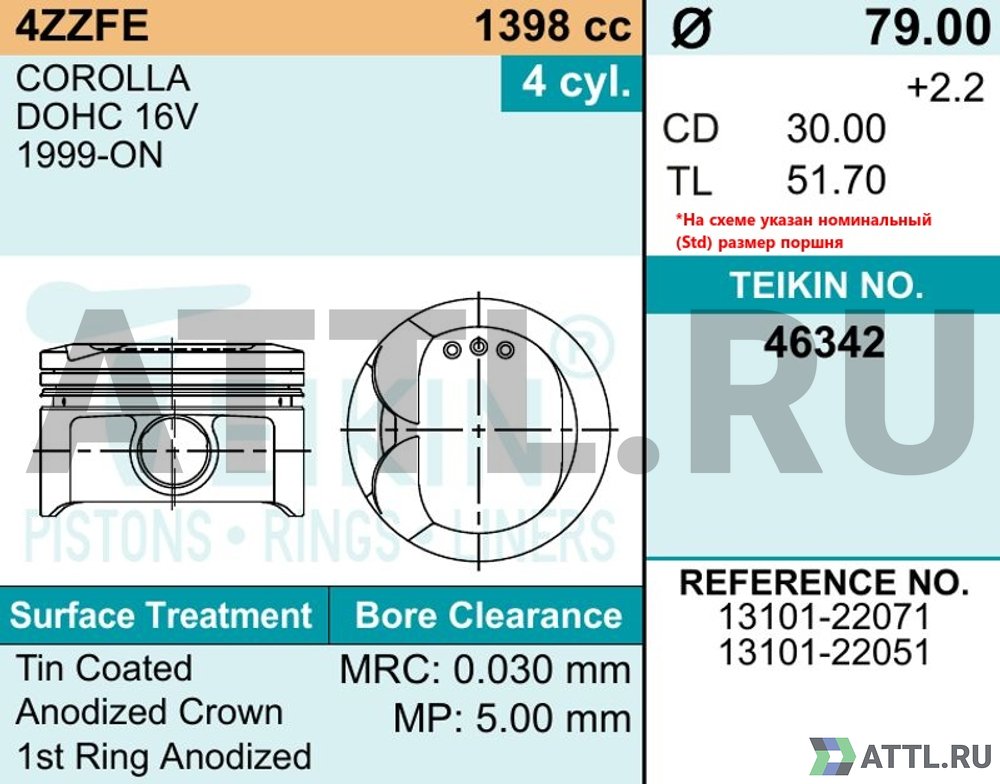 TEIKIN 46342 025 Комплект поршней 4ZZ-FE