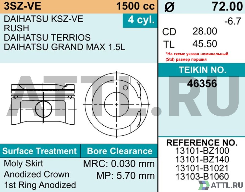 TEIKIN 46356 050 Комплект поршней 3SZ-VE