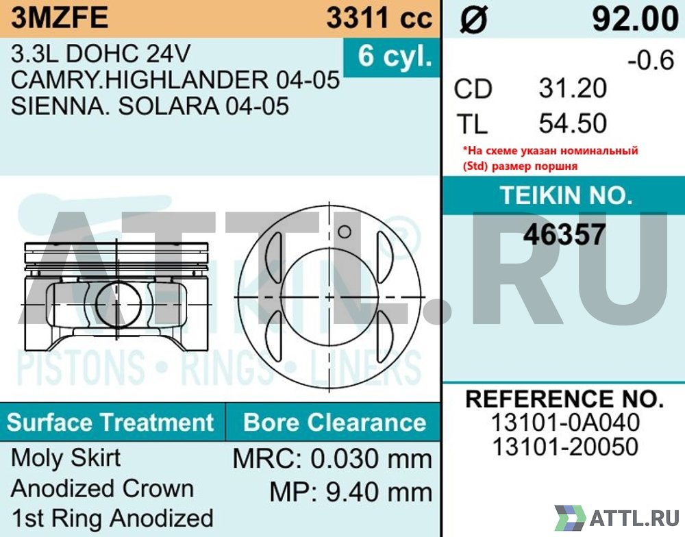 TEIKIN 46357 050 Комплект поршней 3MZ-FE