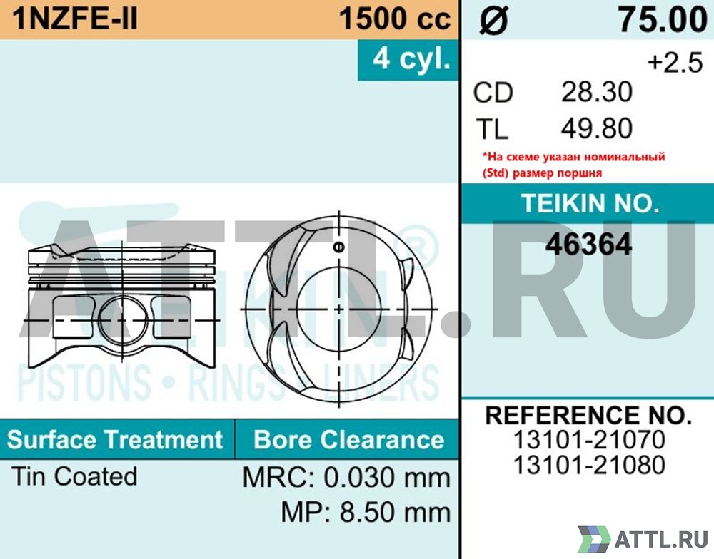 TEIKIN 46364 050 Комплект поршней 1NZ-FE-II