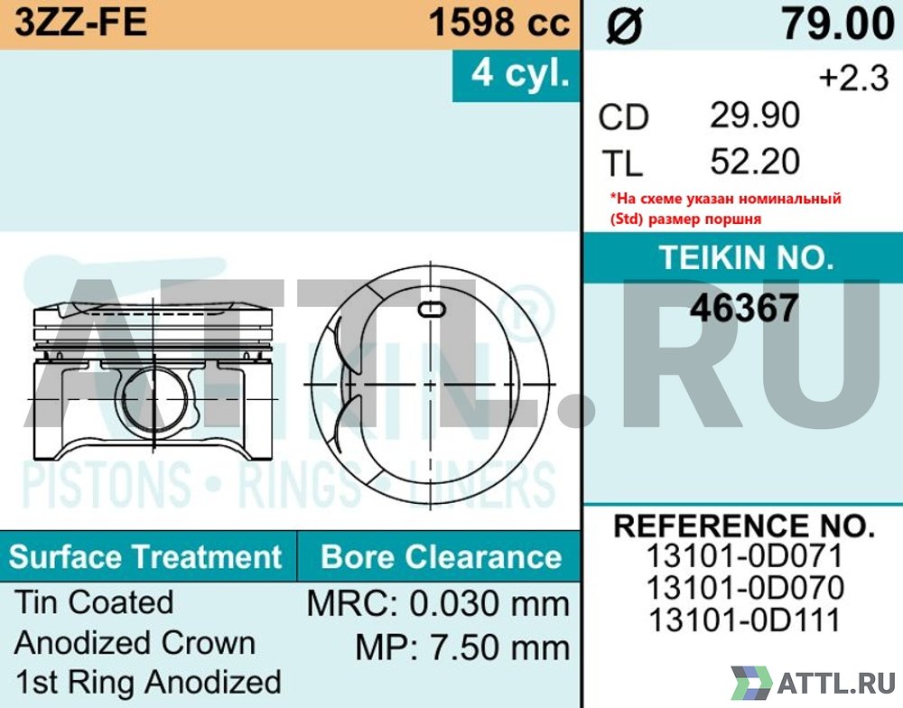 TEIKIN 46367 050 Комплект поршней 3ZZ-FE