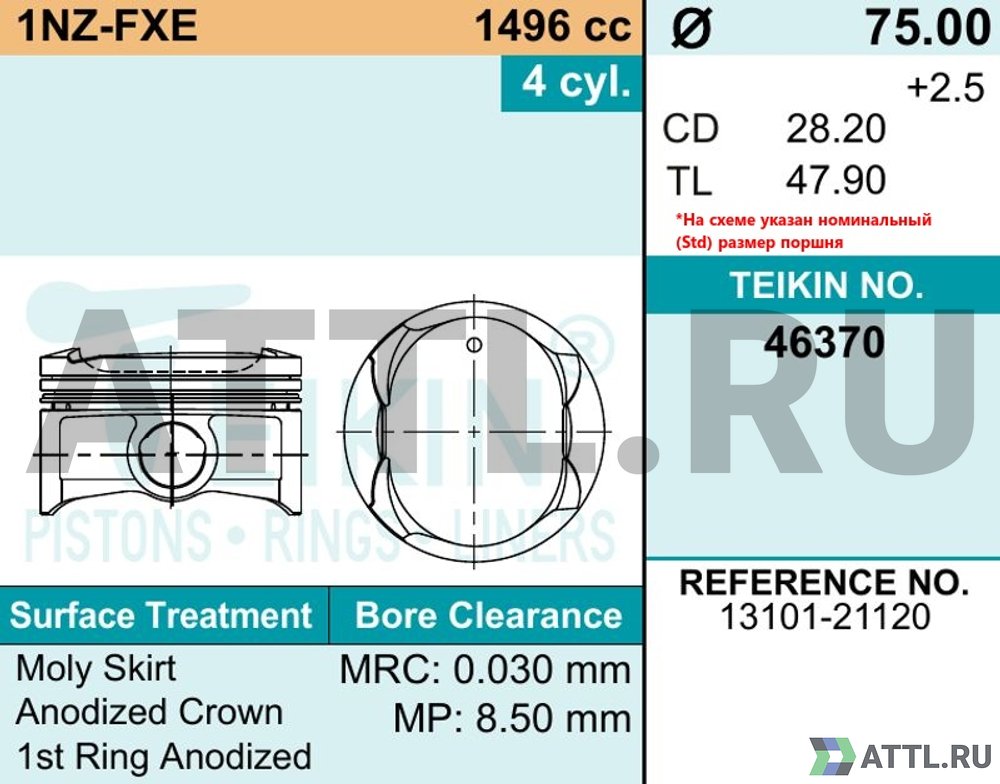 TEIKIN 46370 050 Комплект поршней 1NZ-FXE