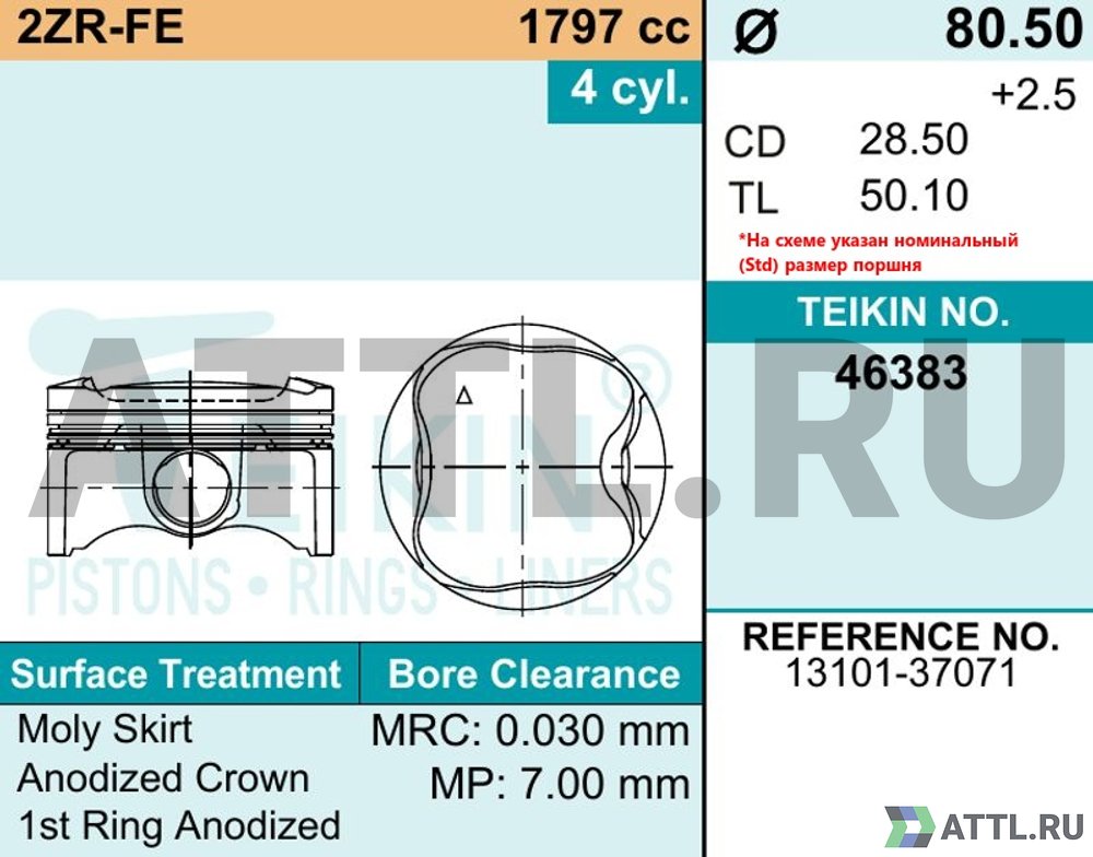 TEIKIN 46383 050 Комплект поршней 2ZR-FE d80,5+0.50 1-1-1,5