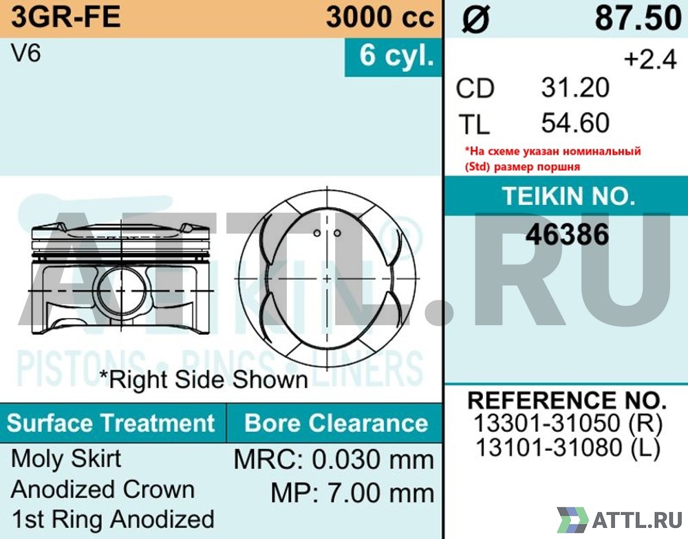 TEIKIN 46386 050 Комплект поршней 3GR-FE