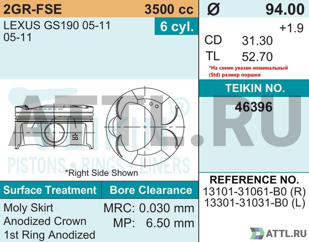 TEIKIN 46396 050 Комплект поршней 2GR-FSE