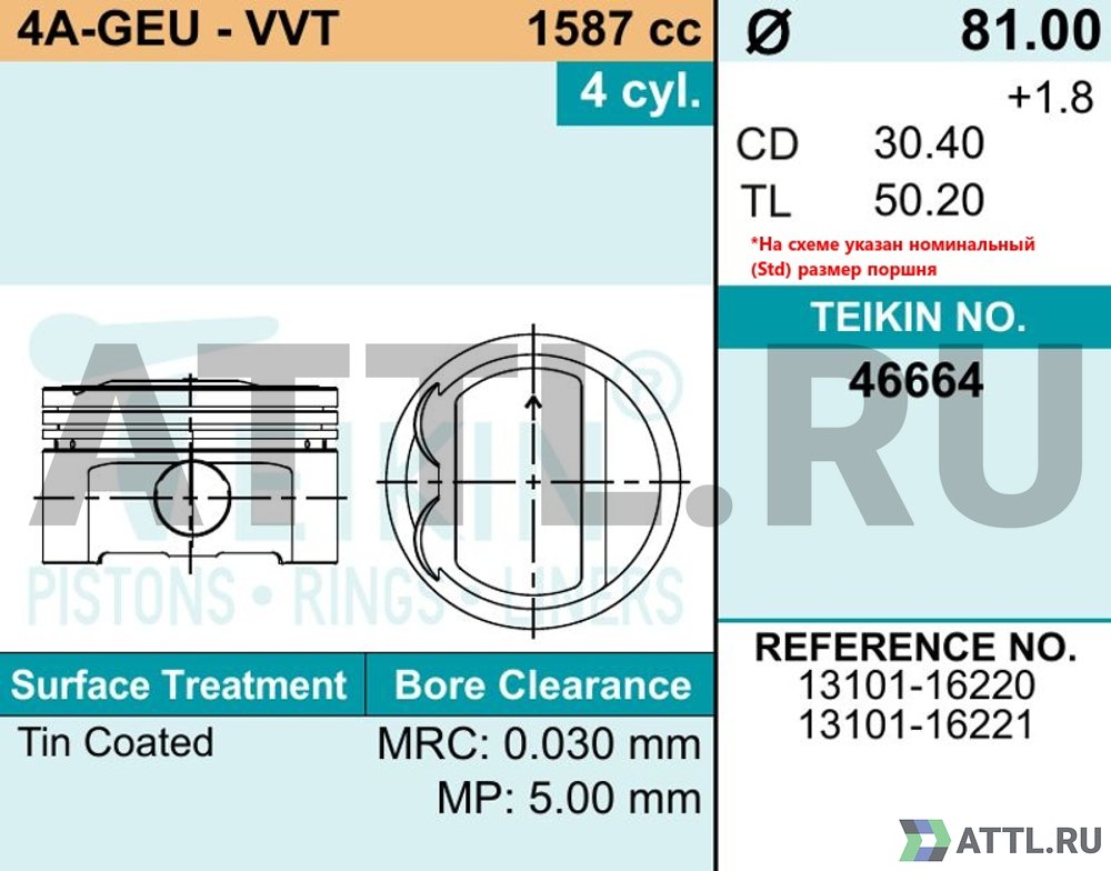 TEIKIN 46664 050 Комплект поршней 4A-GEU - VVT