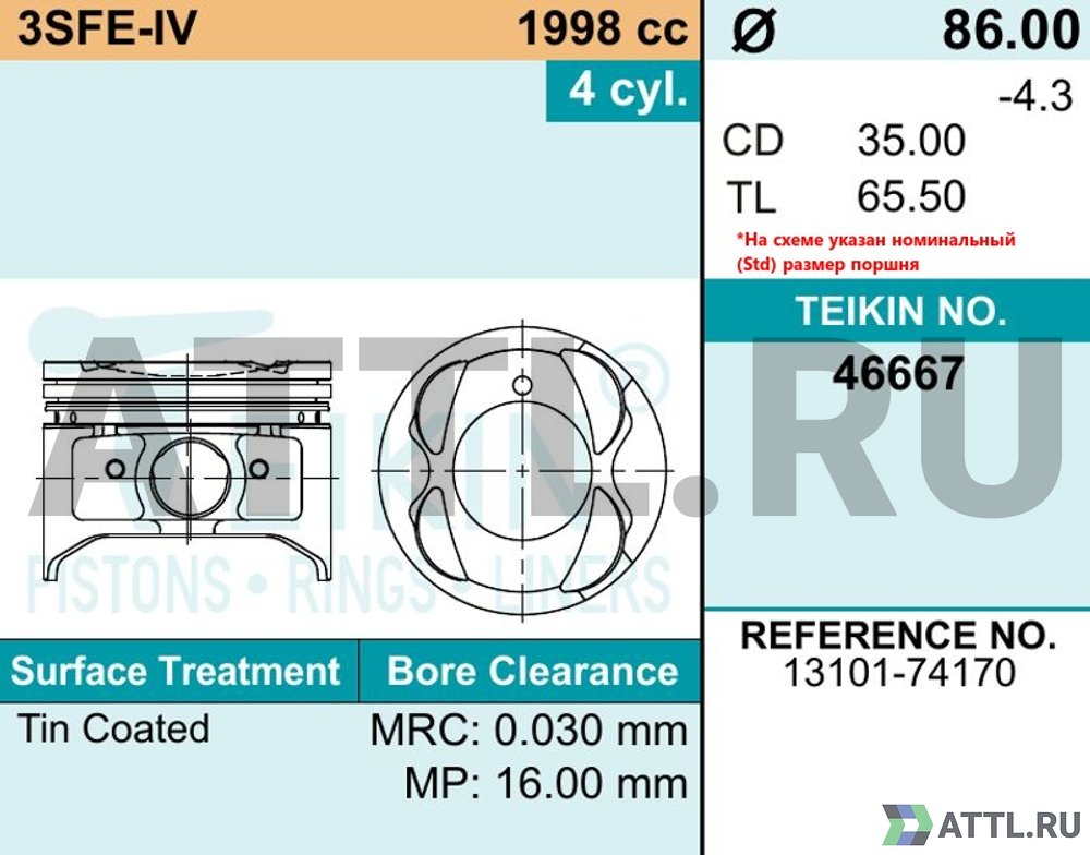 TEIKIN 46667 050 Комплект поршней 3SFE-IV