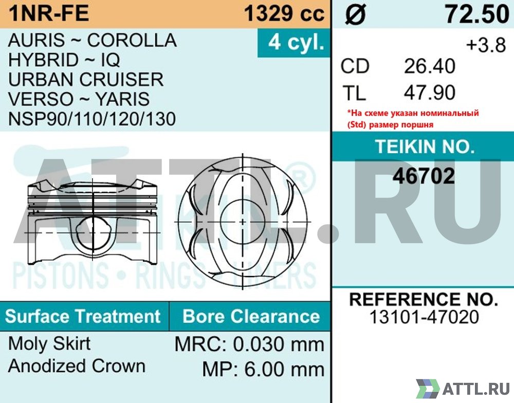 TEIKIN 46702 050 Комплект поршней 1NR-FE