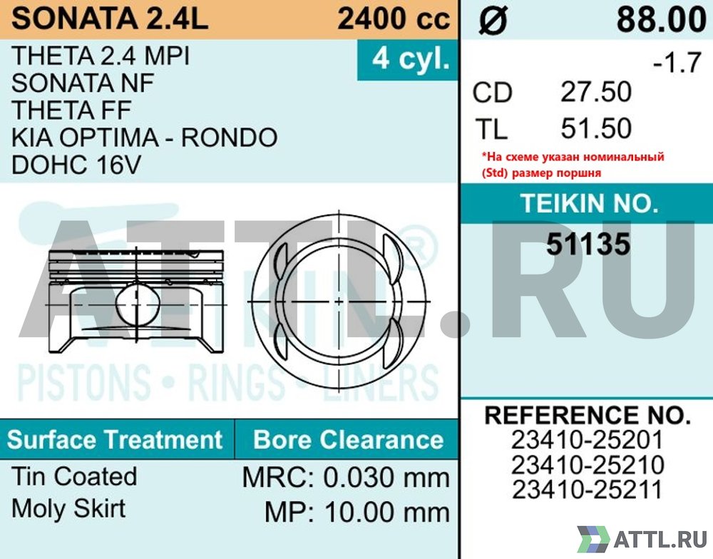 TEIKIN 51135 std Комплект поршней SONATA 2.4L