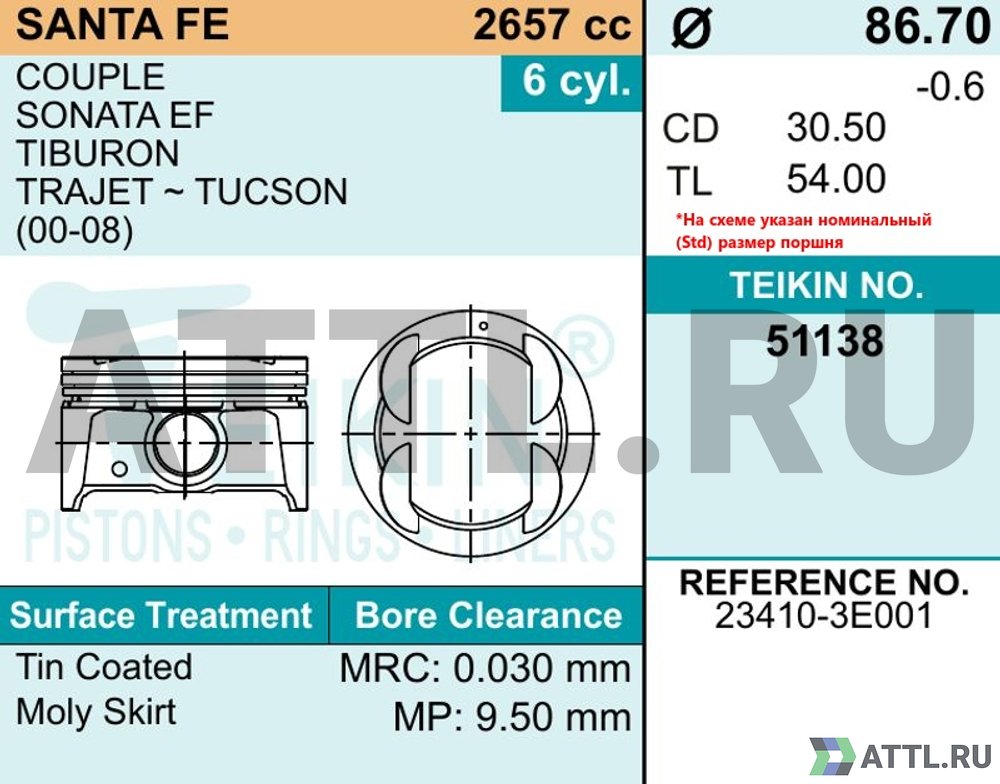 TEIKIN 51138 std Комплект поршней SANTA FE